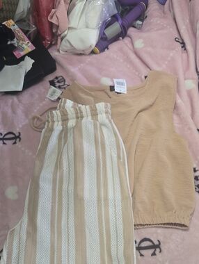 Beige Knit Tank Top and Striped Drawstring Pants Set - Beige